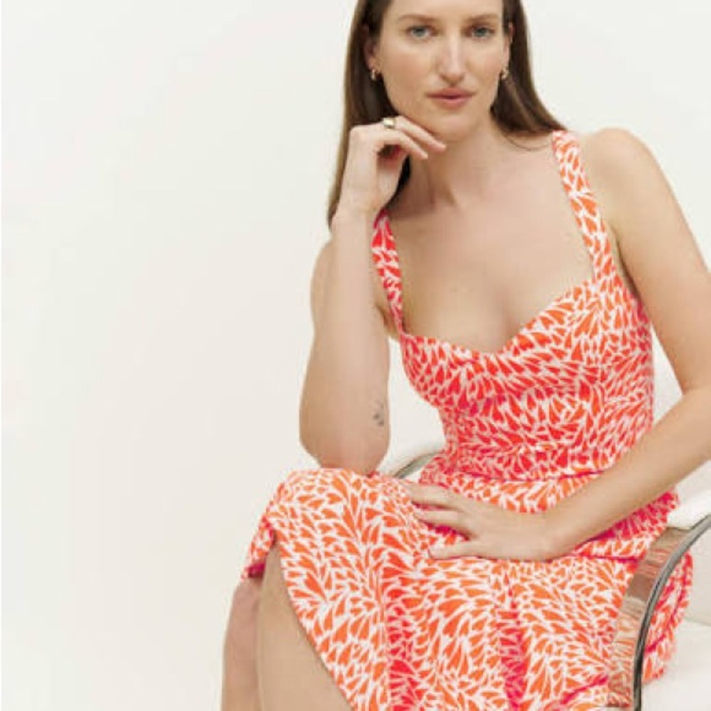 Reformation Orange Leaf-Print One-Piece Swim Dress